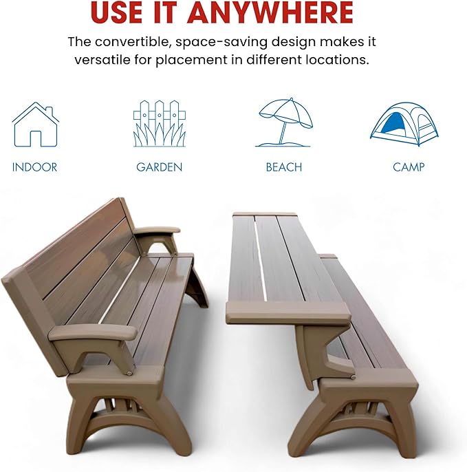 Convert-a-Bench 2-in-1 Outdoor Bench & Picnic Table - Foldable, Weather-Resistant Seating - Perfect for Patio, Lawn - Photo 6