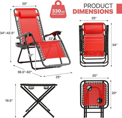 Magshion Folding Zero Gravity Chairs Set of 2, Outdoor Reclining Camping Chairs, Patio Lounge Recliners with Side Table & Cup Holder Tray, Red