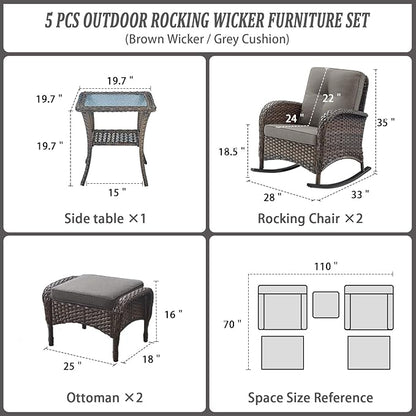 Belord Patio Rocking Chairs Furniture Set - 5 Piece Outdoor Wicker Furniture Sets with Ottomans, Small Patio Conversation Sets with Wicker Rocking Chairs Brown/Grey