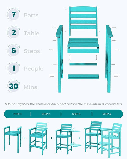 SERWALL Tall Adirondack Chairs Set of 2 with Connecting Table, All Weather Outdoor Barstools, Aruba Blue