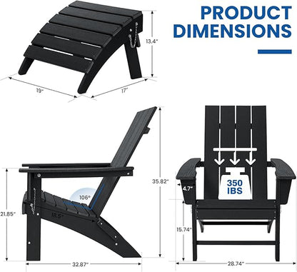 Folding Adirondack Chair with Ottoman Weather Resistant Foldable Fire Pit Chairs with Footrest HDPE Outdoor Adirondack Chair for Patio Front Porch Pool Garden Deck Fire Pit Outside, Black