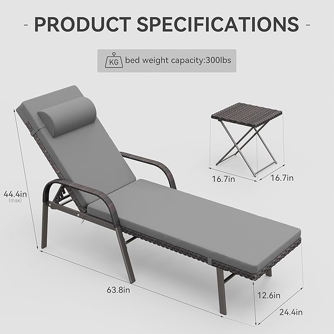 3 Pieces Patio Chaise Lounge Set Outdoor PE Rattan Armrest Lounge Chair Adjustable Backrest Reclining Chair with - Photo 3