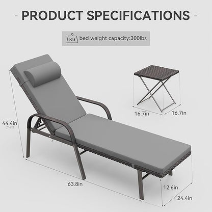 3 Pieces Patio Chaise Lounge Set Outdoor PE Rattan Armrest Lounge Chair Adjustable Backrest Reclining Chair with Folding Table and Cushion for Patio Poolside Backyard Porch Beach(Grey)
