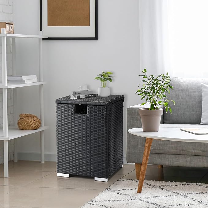 Outdoor Wicker Side Table with Storage Space, Square PE Rattan End Table for Patio Garden Poolside Deck