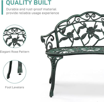 38.5" Patio Park Garden Outdoor Metal Rose Bench, 2-Person Cast Iron Cast Aluminium Frame Antique Finish Chair,Accented Lawn Front Porch Path Yard Decor Deck Furniture (Green, Rose)
