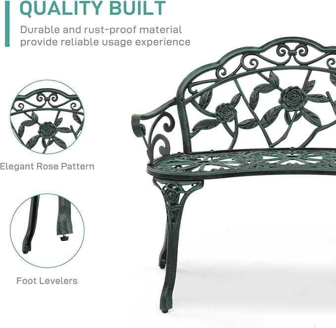 Vasitelan 38.5" Patio Park Garden Outdoor Metal Rose Bench,Cast Iron Cast Aluminium Frame Antique Finish Chair, Lawn Front Porch Path Yard Decor Deck Furniture (Green)