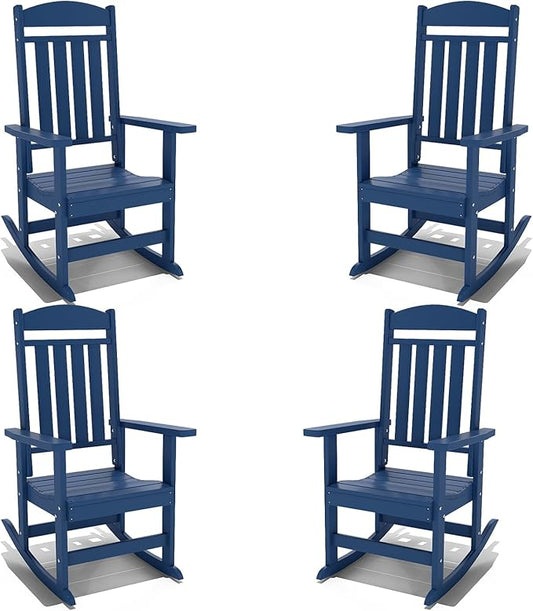 Outdoor Rocking Chairs Set of 4, Oversized High Back Patio Rocking Chairs, All Weather Porch Rocking Chairs for Outside. Navy Blue