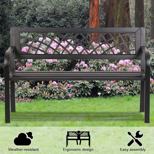 Dkeli Patio Outdoor Bench Park Metal Sturdy Cast Iron Garden Benches Porch Chair Seat Furniture with Armrests 480BLS Bearing Capacity for Park Yard Deck Entryway, Black