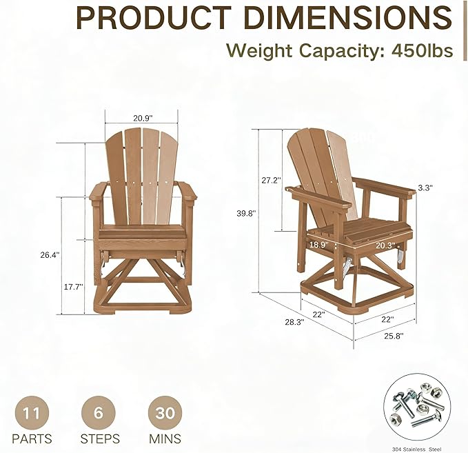 Kingdura Adirondack Swivel Glider Chair, HDPE Patio Glider Rocking Chair for Outdoor, All-Weather Glider Chair for Porch Balcony Lawn Poolside, 450LBS Capacity (Brown)
