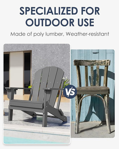 Folding Adirondack Chairs Set of 4, All-Weather Resistant HDPE Patio Firepit Chairs, Sturdy Outside Chairs with Cup Holder, Lawn Chairs, 80% Pre-Installed Load Capacity 385lb, Slate Grey