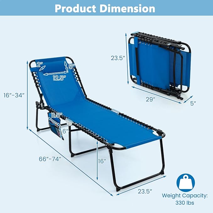Tangkula Beach Lounge Chair for Outside, Folding Chaise Lounge Outdoor with 4-Position Backrest, Removable Headrest and Side Pocket, Portable Sunbathing Tanning Chair for Patio, Poolside (2, Navy)