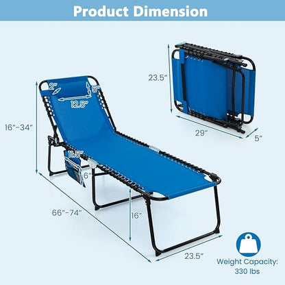 Tangkula Beach Lounge Chair for Outside, Folding Chaise Lounge Outdoor with 4-Position Backrest, Removable Headrest and Side Pocket, Portable Sunbathing Tanning Chair for Patio, Poolside (2, Navy)