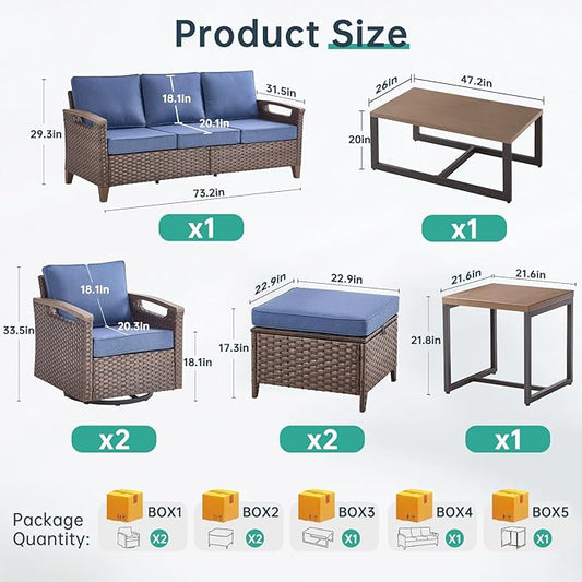 Luxury 9 Piece Heavy Duty Patio Furniture Set with Swivel Chairs - All Weather Wicker Comfort Thick Cushion Outdoor Conversation Set for Porch Poolside Deck - Blue
