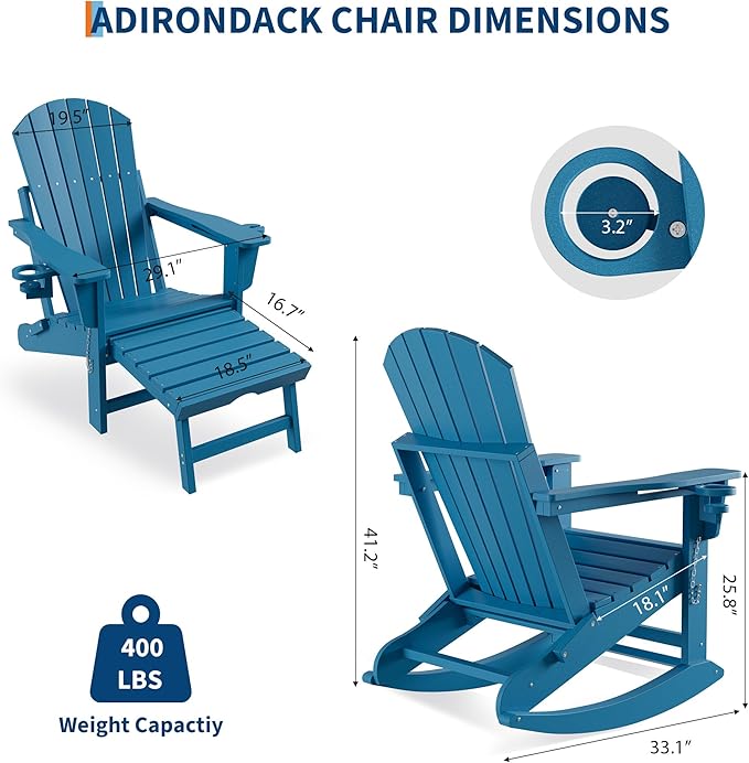 GarveeLife Adirondack Outdoor Rocking Chairs for Porch, Folding Adirondack Rocker Chair With Two Cup Holders, HDPE All Weather Outdoor Adirondacks Rocking Chair