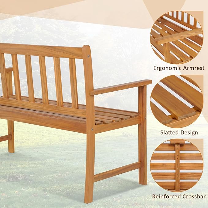 RELAX4LIFE Outdoor Bench Acacia Wood - 2-Person Garden Bench w/800 Lbs Weight Capacity, Slatted Wooden Loveseat w/Backrest & Armrests, Patio Park Chair for Front Porch Poolside Park Backyard (48'')