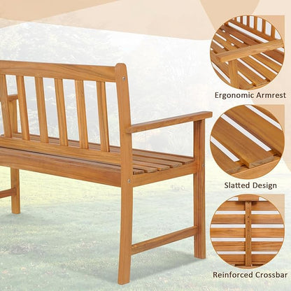 RELAX4LIFE Outdoor Bench Acacia Wood - 2-Person Garden Bench w/800 Lbs Weight Capacity, Slatted Wooden Loveseat w/Backrest & Armrests, Patio Park Chair for Front Porch Poolside Park Backyard (48'')