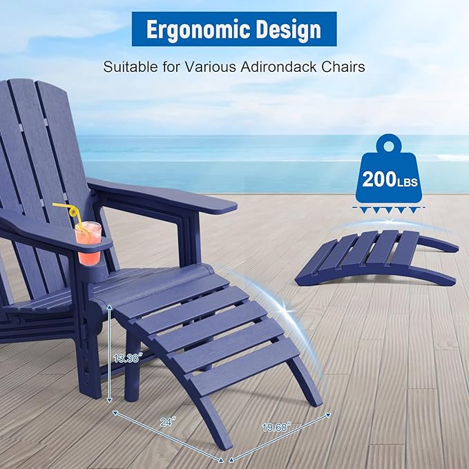 FONTOI Adirondack Ottoman, HDPE Plastic Adirondack Chair Footstool, All Weather Outdoor Footrest for Patio, Backyard, Lawn, Fire Pits, Navy Blue