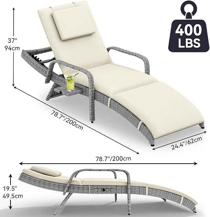 YITAHOME Patio Chaise Lounge Chair Set, Wicker Chaise Lounge Outdoor Rattan Reclining Chair with Armrests/Pull-Out Cup Holder/5-Position Backrest/Cushion & Headrest-Beige