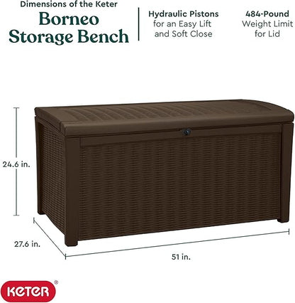 Keter Borneo 110 Gallon Resin Deck Box - Organization and Storage for Patio Furniture, Outdoor Cushions, Throw Pillows, Garden Tools and Pool Toys, Brown