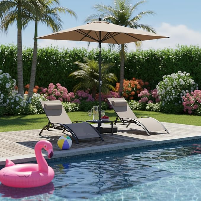 PURPLE LEAF Patio Chaise Lounge with 10' x 6.5' Tilt Umbrella Outdoor Lounge Chair Beach Pool Sunbathing Lawn Lounger, Base and Side Table Included, Taupe