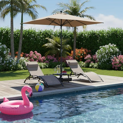 PURPLE LEAF Patio Chaise Lounge with 10' x 6.5' Tilt Umbrella Outdoor Lounge Chair Beach Pool Sunbathing Lawn Lounger, Base and Side Table Included, Taupe
