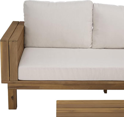 SAFAVIEH Outdoor Patio Furniture Collection - Napoli Oak Brown & Cream Solid Wood 4-Piece Sectional Sofa Set with Coffee Table, Durable Cushions, Modern Outdoor Seating (PAT6806B)