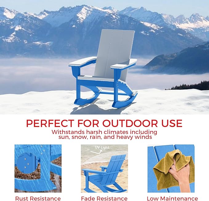 Costaelm Outdoor Adirondack Chair, All Weather Resistant Lawn Chairs Balcony Chair and Fire Pit Chairs, Patio Chair Outdoor Porch Rocking Chair High Back HDPE Poly Lumber, Pacific Blue