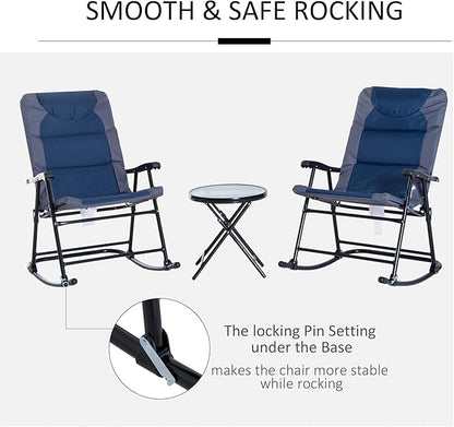 Outsunny 3 Piece Outdoor Patio Furniture Set with Glass Coffee Table & 2 Folding Padded Rocking Chairs, Bistro Style for Porch, Camping, Balcony, Navy Blue