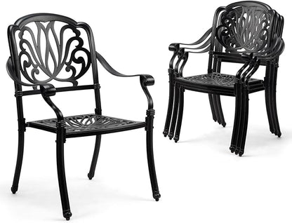 VINGLI Patio Chairs Set of 4 - Stackable Outdoor Cast Aluminum Dining Chairs with Vintage Black Finish and Floral Pattern, Metal Armchairs for Poolside, Backyard, Balcony (No Cushion)