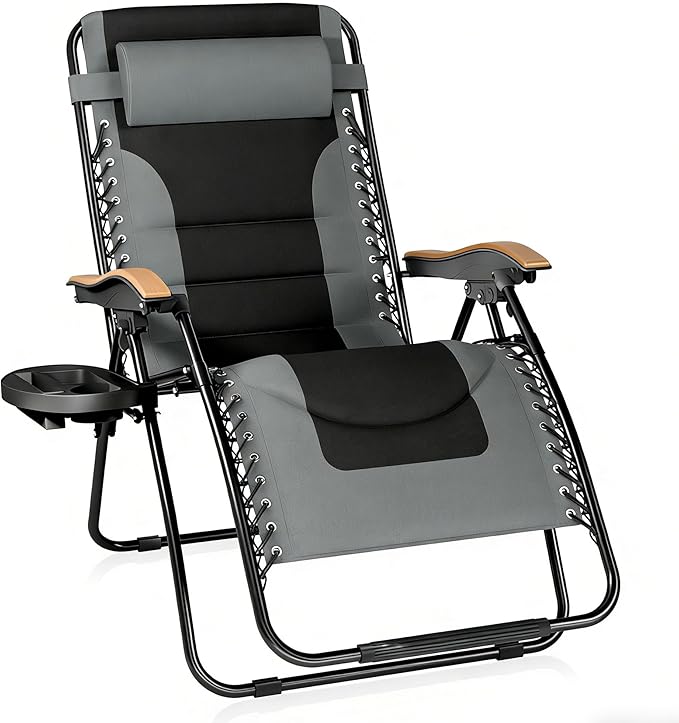 PHI VILLA XXL Oversized Padded Zero Gravity Chair, Foldable Patio Recliner, 30" Wide Seat Anti Gravity Lounger with Cup Holder, Support 400 LBS (Gray)