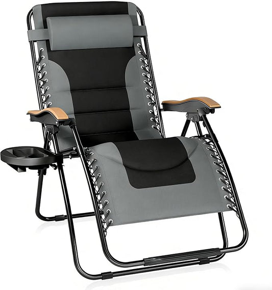 PHI VILLA XXL Oversized Padded Zero Gravity Chair, Foldable Patio Recliner, 30" Wide Seat Anti Gravity Lounger with Cup Holder, Support 400 LBS (Gray)