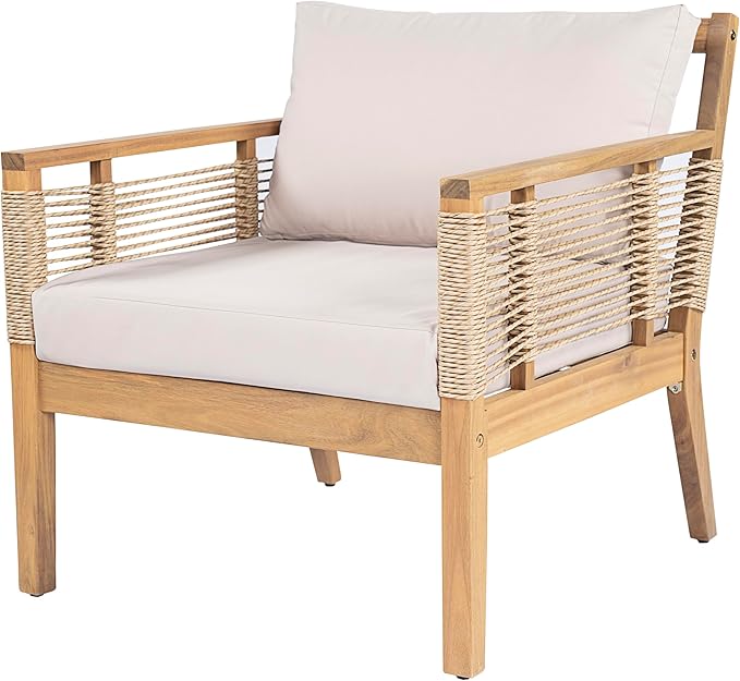 Merax Outdoor 5 Piece Patio Acacia Wood Conversation Set with Beige Cushions, Hand Woven Rope Design - Photo 7