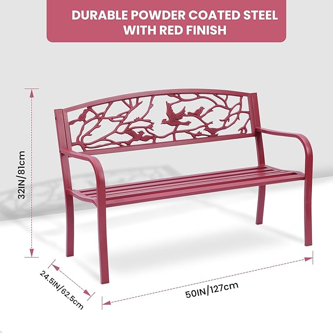 Perched Birds Metal Park Patio Bench, Outdoor Bench in Red for Porch, Lawn, Garden, Deck by Sun-Ray