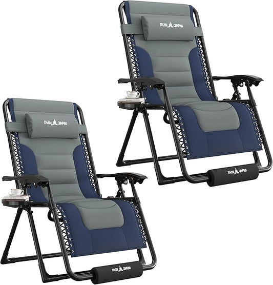 UDPATIO Oversized Zero Gravity Chair Set of 2, Outdoor Full Padded Recliner, Patio Folding Adjustable Reclining Seat with Cup Holder, Footrest & Headrest for Camping, 500LBS Support,Gray/Blue,29in