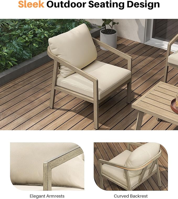 Patio Sofa Chairs Set of 2, Never-Rust Aluminum Outdoor Armchair with Thick Cushions, All Weather 2 Pieces Outdoor Club Chairs, Outdoor Sofa Chairs for Deck, Backyard, Porch, Gray Oak | Never-Rust, Wood-Grain Texture, Wraparound Design, All Weather, Re...