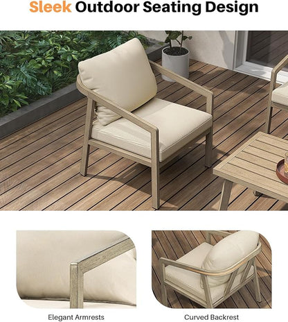 Patio Sofa Chairs Set of 2, Never-Rust Aluminum Outdoor Armchair with Thick Cushions, All Weather 2 Pieces Outdoor Club Chairs, Outdoor Sofa Chairs for Deck, Backyard, Porch, Gray Oak | Never-Rust, Wood-Grain Texture, Wraparound Design, All Weather, Re...
