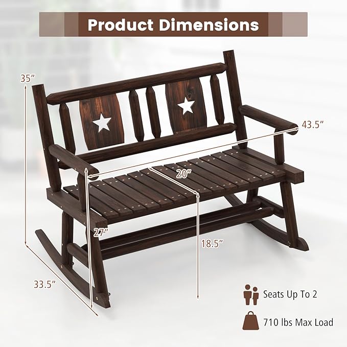 Tangkula Patio Rocking Bench, Carbonized Wood Double Rocker Chair with Ergonomic Seat, 2-Person Solid Wood Rocking Loveseat for Backyard, Porch, Garden, Rustic Farmhouse Style (1, Rustic Brown)