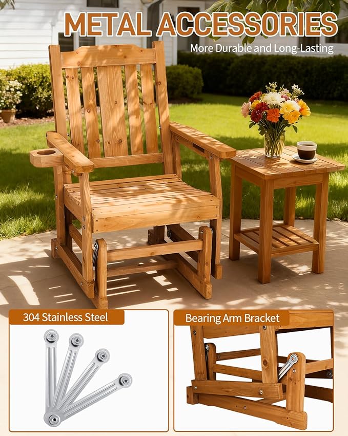 Outvita Patio Glider with Cup Holders Set of 2, Wooden Outdoor Glider Bench with High Roll Back & Deep Contoured Seat, Smooth Porch Glider Chair Heavy Duty 600 Lbs, Teak Brown