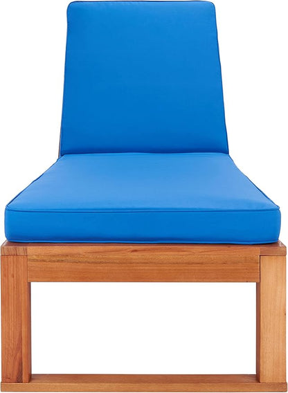 SAFAVIEH Outdoor Collection Solano Natural Brown Solid Wood/Royal Blue Cushion Patio Adjustable Chaise Lounge Chair (PAT7024K)