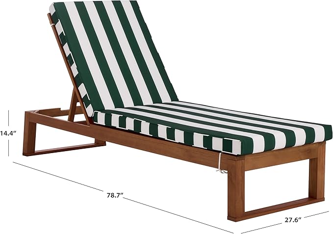 SAFAVIEH Outdoor Patio Furniture Collection - Sophie Natural Brown Solid Wood Chaise Lounge Chair, Adjustable Reclining, Hunter Green Stripe Cushion (PAT7101H)
