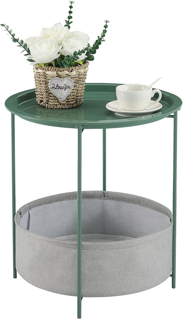 VECELO Round Side/End Table with Fabric Storage Basket，Metal Anti-Rust and Waterproof Small Bedside Nightstand with - Photo 1