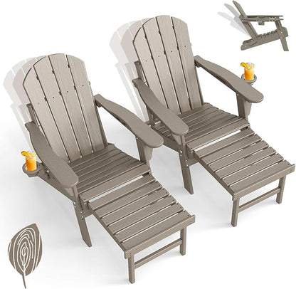 GREENVINES Adjustable Adirondack Chair with Retractable Ottoman Set of 2 | Folding | 2 Cup Holders | Wood Grain HDPE Plastic | Fire Pit Chairs w/Foot Rest | Desert Brown | for Outdoor Patio Poolside