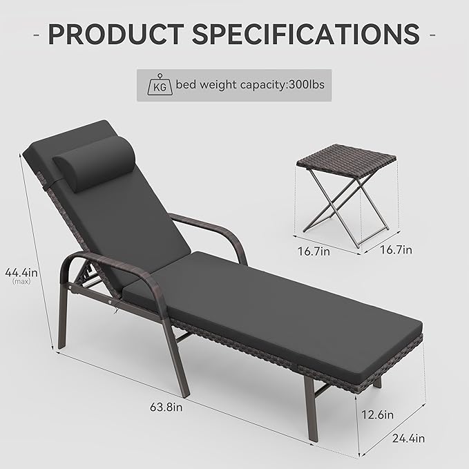 3 Pieces Patio Chaise Lounge Set Outdoor PE Rattan Armrest Lounge Chair Adjustable Backrest Reclining Chair with - Photo 3