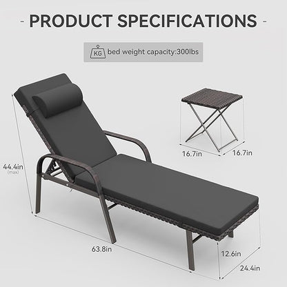 3 Pieces Patio Chaise Lounge Set Outdoor PE Rattan Armrest Lounge Chair Adjustable Backrest Reclining Chair with Folding Table and Cushion for Patio Poolside Backyard Porch Beach(Black)