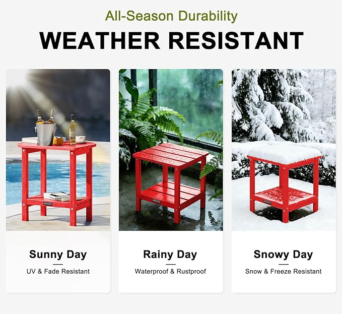 Outdoor Side Table HDPE Small Outdoor End Table Patio Side Tables Square for Backyard Pool Porch Balcony Double Layer Storage, Red (Wood Grain Finish)