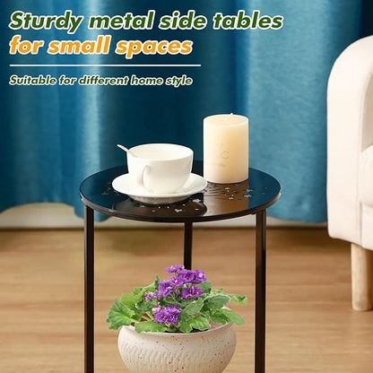 Party Zealot Set of 2 Small Round Metal Side Tables 13 Inches Black Outdoor End Tables for Patio, Balcony, Porch or Garden – Weather-Resistant Corner Coffee Table for Small Spaces & Indoor Plant Stand