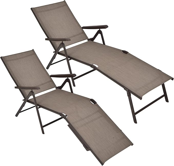 Tangkula Folding Lounge Chair Outdoor, Recliner Chaise Lounge with 5-Position Adjustable Backrest & 2-Position Footrest, No Assembly Required, Suitable for Patio Poolside Beach Yard (2, Brown)