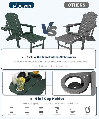 FOOWIN Folding Adjustable Adirondack Chair with Retractable Ottoman Set of 4, HDPE Adirondack Chair w/4 in 1 Cup Holder Trays,All-Weather Resistant Fire Pit Chair for Outdoor Patio Lawn, Dark Green