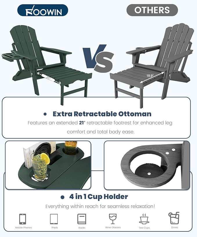 FOOWIN Folding Adjustable Adirondack Chair with Retractable Ottoman Set of 2, HDPE Adirondack Chair w/4 in 1 Cup Holder Trays,All-Weather Resistant Fire Pit Chair for Outdoor Patio Lawn, Dark Green