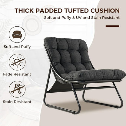Grand patio Outdoor Lounge Chair with Ottoman, Comfy Sling Recliner Chair with Puffy Cushion and Foot Stool, Modern Patio Lounge Set for Porch Deck Garden, Dark Gray